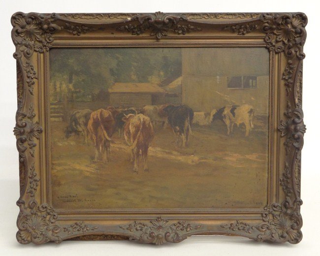 Painting William Henry Howe: 19th c. oil on panel cows signed "William H. Howe" (N.Y./Ct. 1846-1929). Sight 11 1/2" x 15 1/2". Frame damaged.