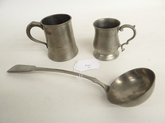Pewter Lot: Lot three pcs. early pewter including ladle (hallmarked with crown and VR), pint mug marked underside "GA Skell & Chambers Birmingham", pint mug marked "Suffolk".