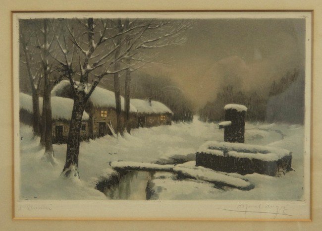 Artwork Lot: Lot including etching cows signed illegibly "Susan Booth....", etching of cityscape (men fishing), etching snow scene signed illegibly, print harbor with ship signed illegibly and print signed illegib