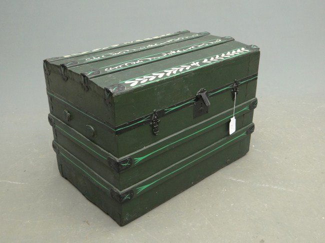 Trunk: C. 1900's steamer trunk in green paint with decoration. 28" W 17" D 20" Ht.