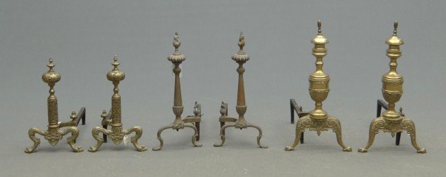 Andiron Lot: Lot three pair early 20th c. brass decorative andirons.