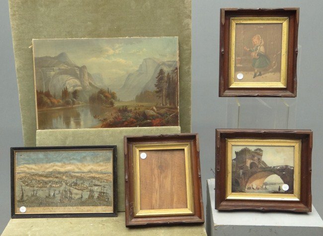 Frame/Art Lot: Lot including Victorian walnut frames, early Venice print (foxing) and Champney chromolitho with label verso "Grandeurs Yosemite Valley.....".