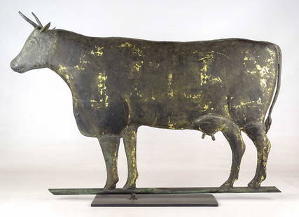 Cushing Cow Weathervane: Cushing type cow weathervane. Base included. Cast head. Traces of gilding. 26 1/2" W., 18 1/2" Ht.. Provenance: Ed and Anita Holden Collection.