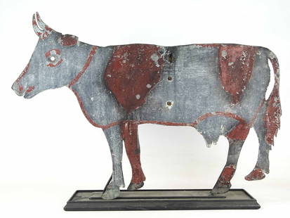 Sheet Metal Cow Weathervane: Sheet metal cow weathervane. Custom stand. 30" W., 21 1/2" Ht.. Provenance: Ed and Anita Holden Collection.