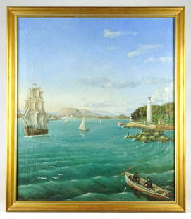 R. Winkler (20th Century): Painting: R. Winkler (20th Century), seascape with lighthouse and vessels, oil on canvas. Signed front and verso "R. Winkler New Haven Conn….". 29 1/2" x 25", overall 32" x 28". Provenance: Ed and