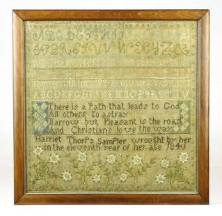 19th c. Needlework Sampler: 19th c. needlework sampler "Harriet Thorps Sampler Wrought by her in the eleventh year of her age 1841". Sight 15" x 15 1/2", overall 17 1/2" x 17 1/2". Provenance: Ed and Anita Holden Collection.