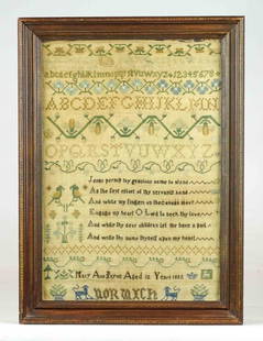 19th c. Needlework Sampler: 19th c. needlework sampler "Mary Anne Payne Aged 12 Years 1832 NORWICH". Sight 16 1/2" x 11", overall 19 1/2" x 14". Provenance: Ed and Anita Holden Collection.