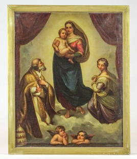 Painting: Religious Subject: Painting: Early Madonna and Child. Oil on canvas. 23 1/4" x 18 1/2", overall 25" x 21". Provenance: Ed and Anita Holden Collection.