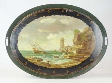 19th c. Tole Tray with Seascape