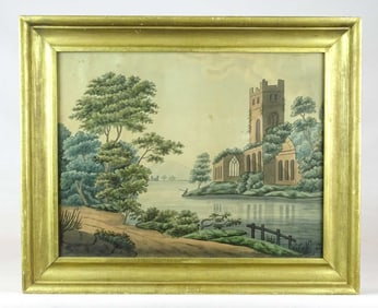 19th c. Watercolor River Landscape