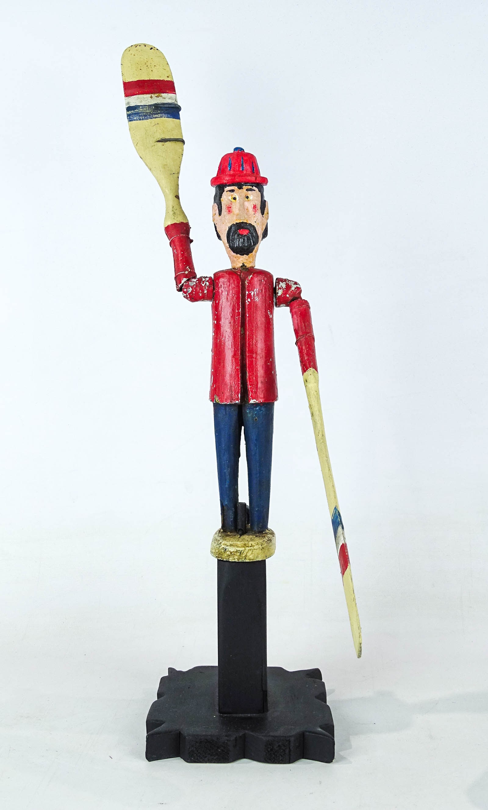 Folk Art Whirligig: Painted wooden folk art Whirligig of lumberjack. Info underside. 23" Ht.. Provenance: Ed and Anita Holden Collection.