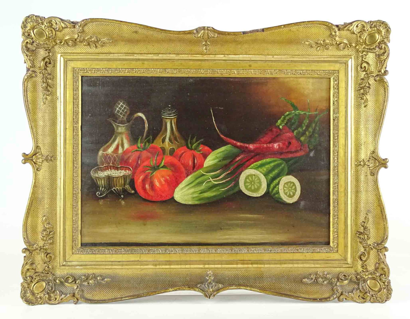 Painting: 19th c. Still Life: Painting: 19th c. still life with vegetables. Oil on panel. 11 1/2" x 16 1/2", overall 17 1/2" x 23". Provenance: Ed and Anita Holden Collection.
