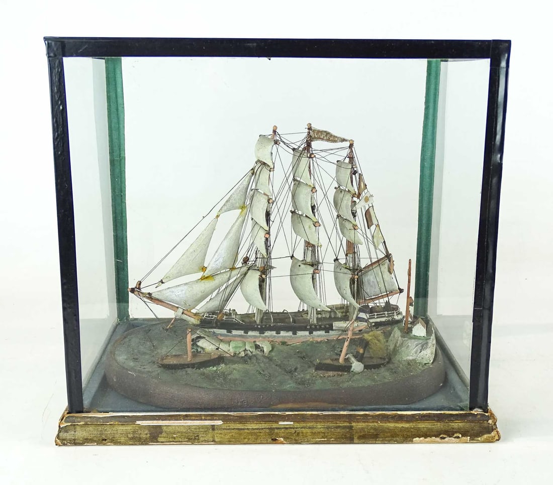 Early Ship Model: Early cased ship model. 11 1/2" x 8 1/2" x 11". One side of glass has 3" line. Provenance: Ed and Anita Holden Collection.