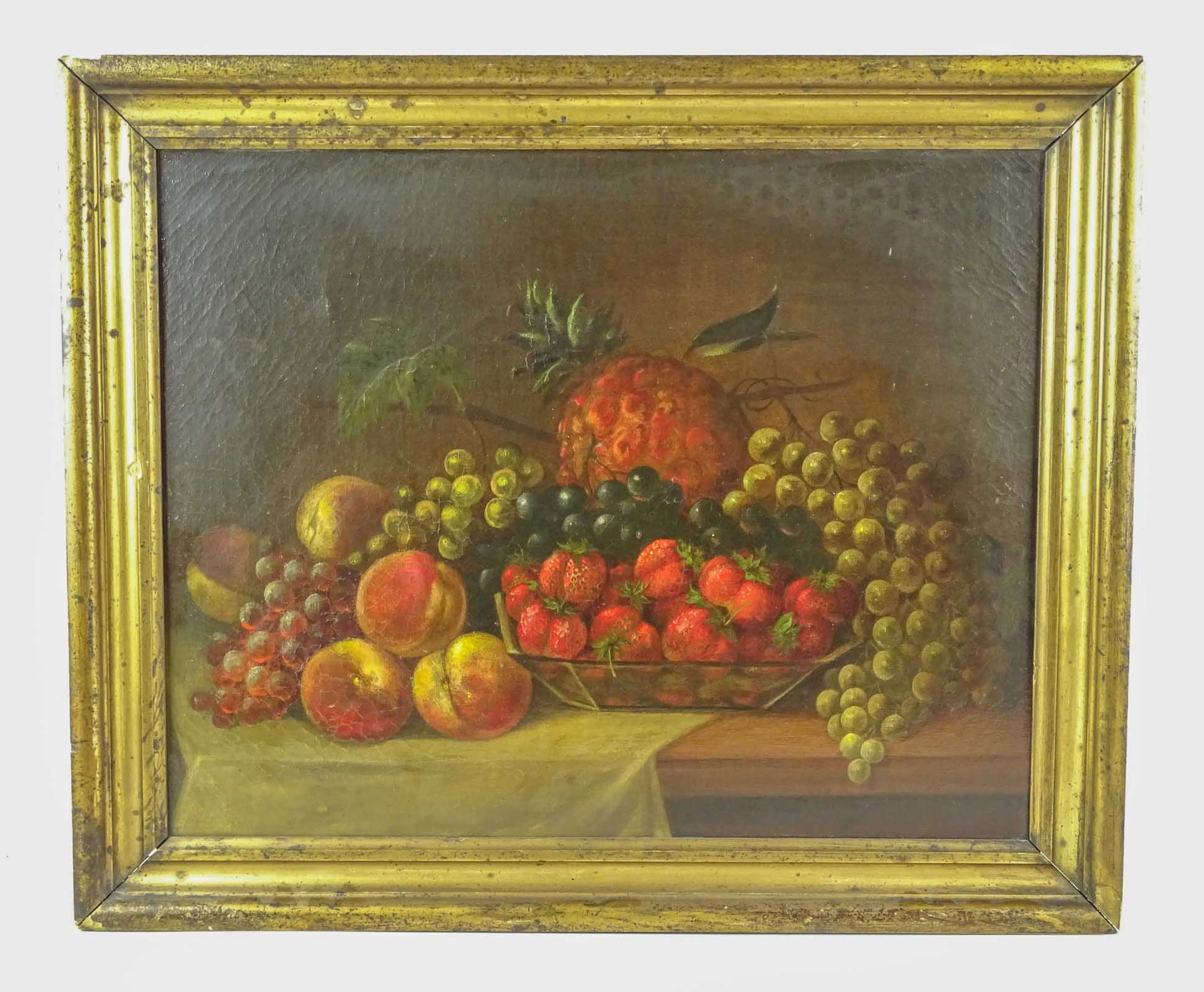 Painting: 19th c. Still Life: Painting: 19th c. still life with fruit. Oil on canvas. 16" x 20", overall 19 1/2" x 23". Provenance: Ed and Anita Holden Collection.