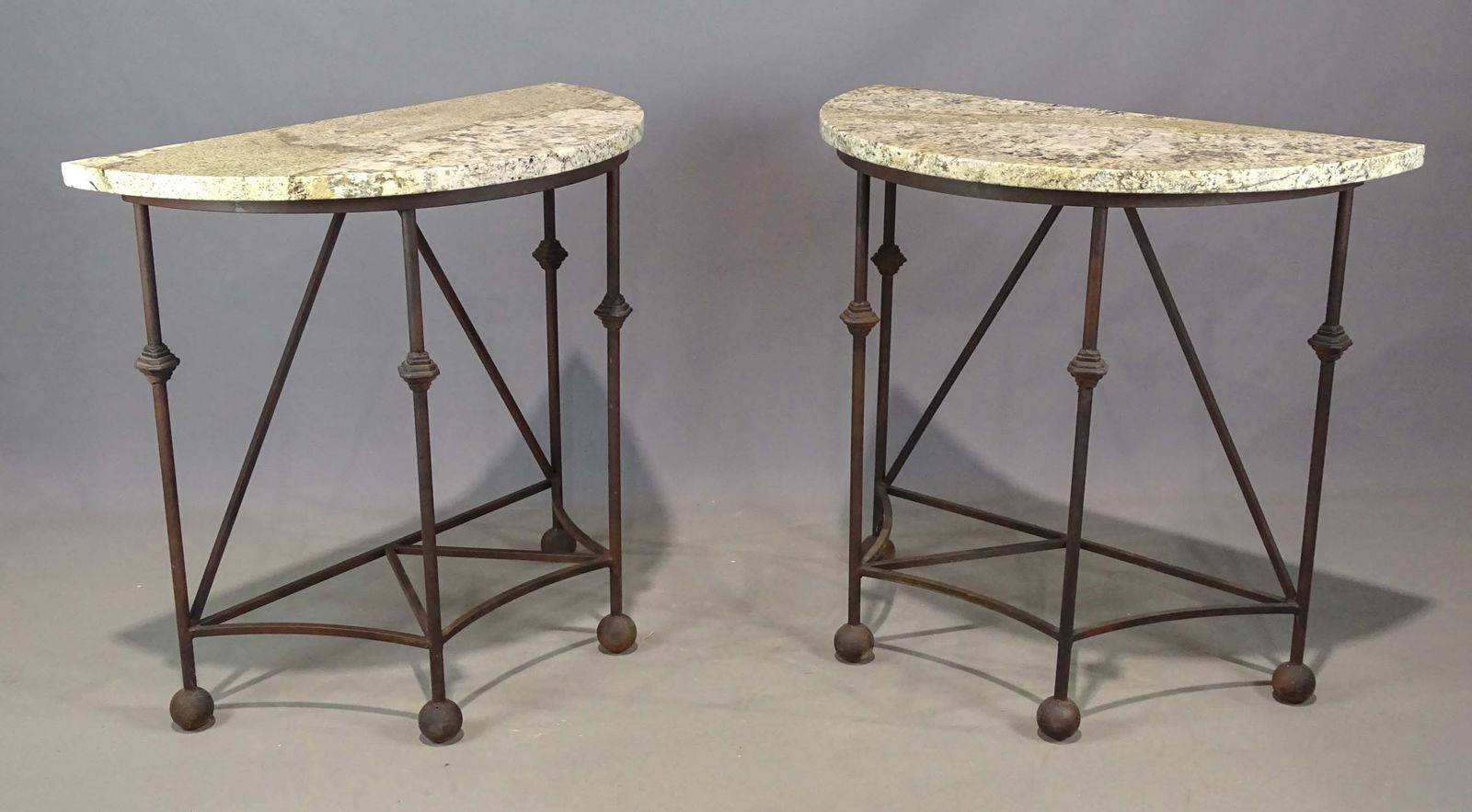 Pair of Marble Top Console Tables: Pair of Modern Design marble top console tables. 36" x 18" x 33". Marble comes off for transport. Provenance: Ed and Anita Holden Collection.