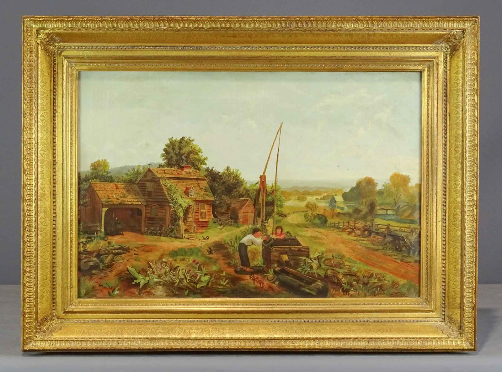 Painting: 19th c. Landscape: Painting: 19th c. landscape with children and well. Oil on canvas. 17" x 26 1/2", overall 25" x 34". Provenance: Ed and Anita Holden Collection.