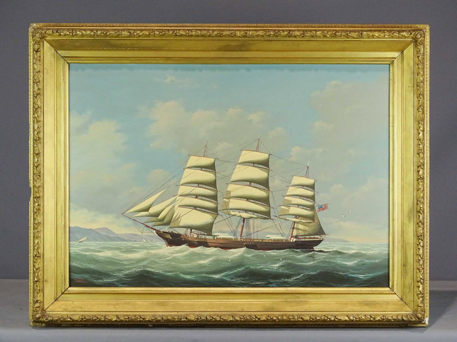 ST. Collins (20th Century): Painting: ST. Collins (20th Century), seascape, oil on wood panel. 23 1/2" x 33 1/2", overall 31 1/2" x 40 1/2". Provenance: Ed and Anita Holden Collection.