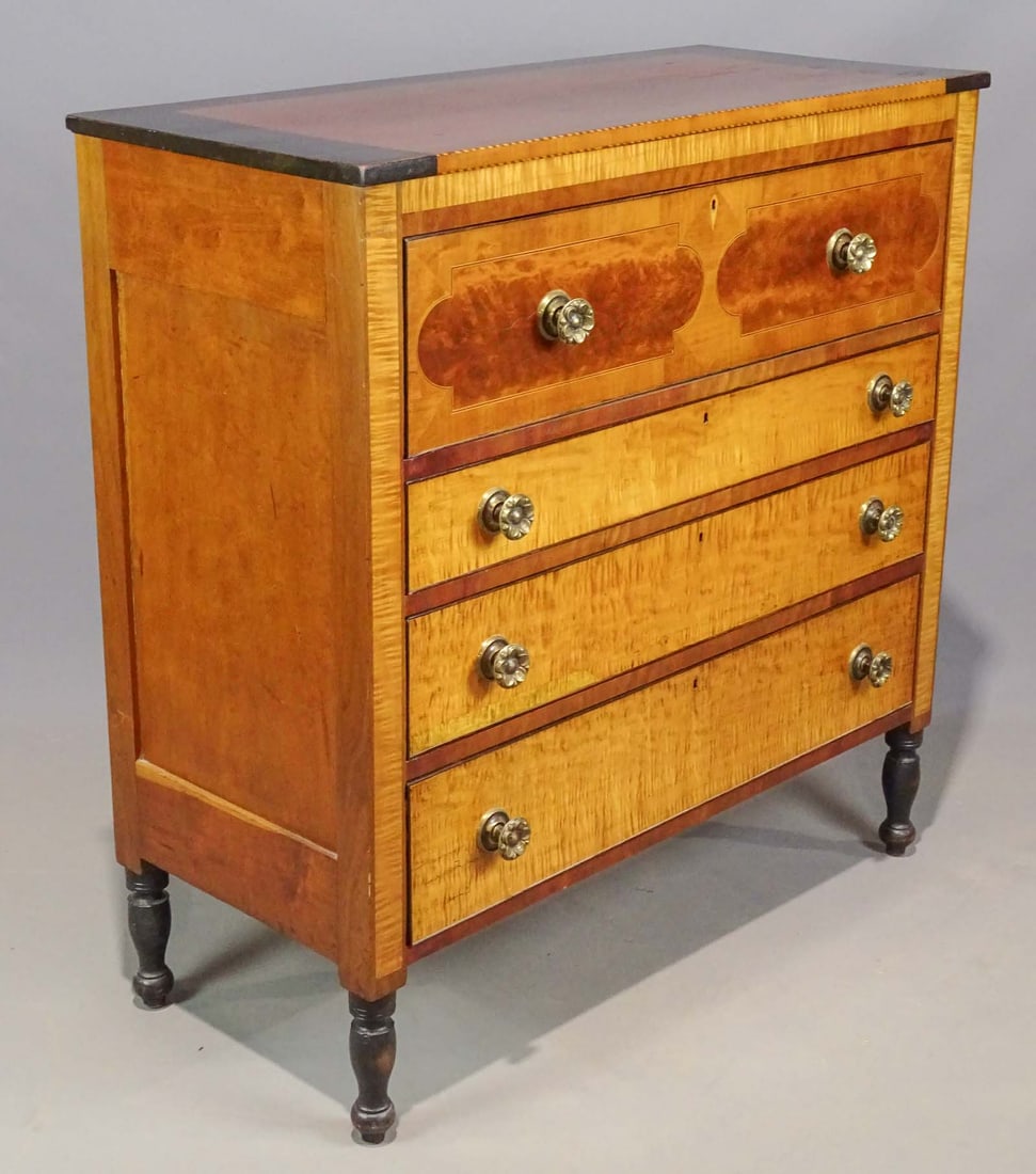 19th c. Inlaid Chest of Drawers: Early 19th c. inlaid mixed wood chest of drawers. Partially painted top. 43" x 19 1/2" x 44 1/2" Ht.. Provenance: Ed and Anita Holden Collection.