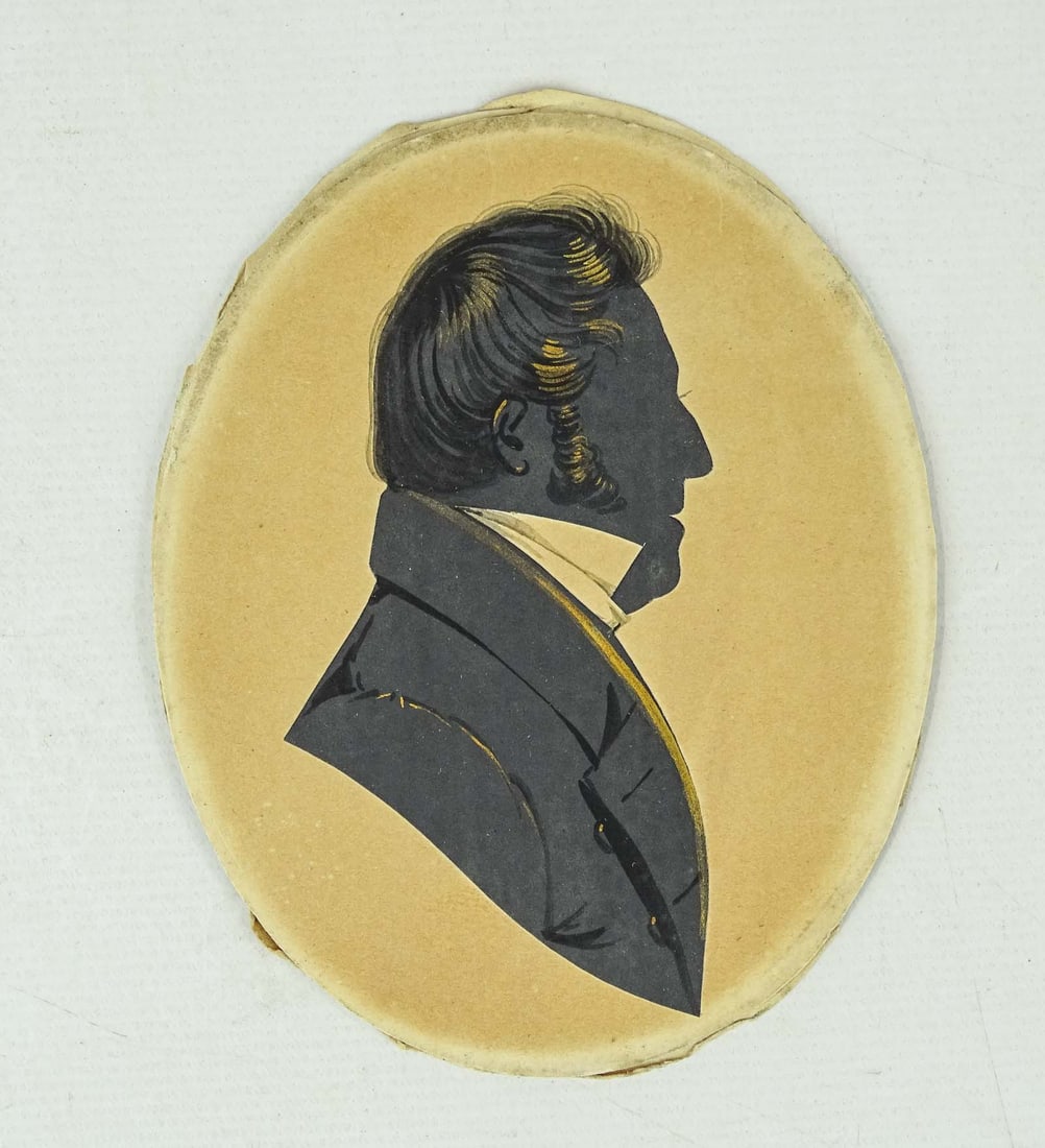 19th c. Silhouette: 19th c. unframed oval silhouette of a gentleman. 4" x 3". Provenance: Ed and Anita Holden Collection.