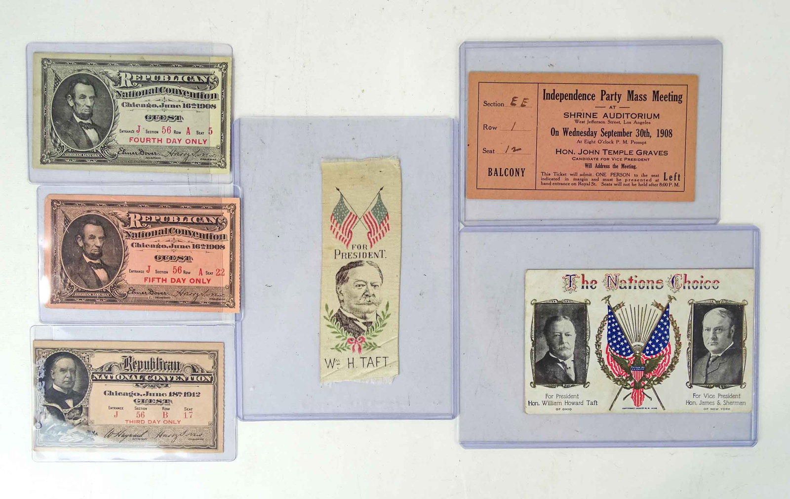 Political Lot: Lot including Republican National convention passes, Taft ribbon, Independence Party Mass Meeting ticket, Taft / Sherman postcard.