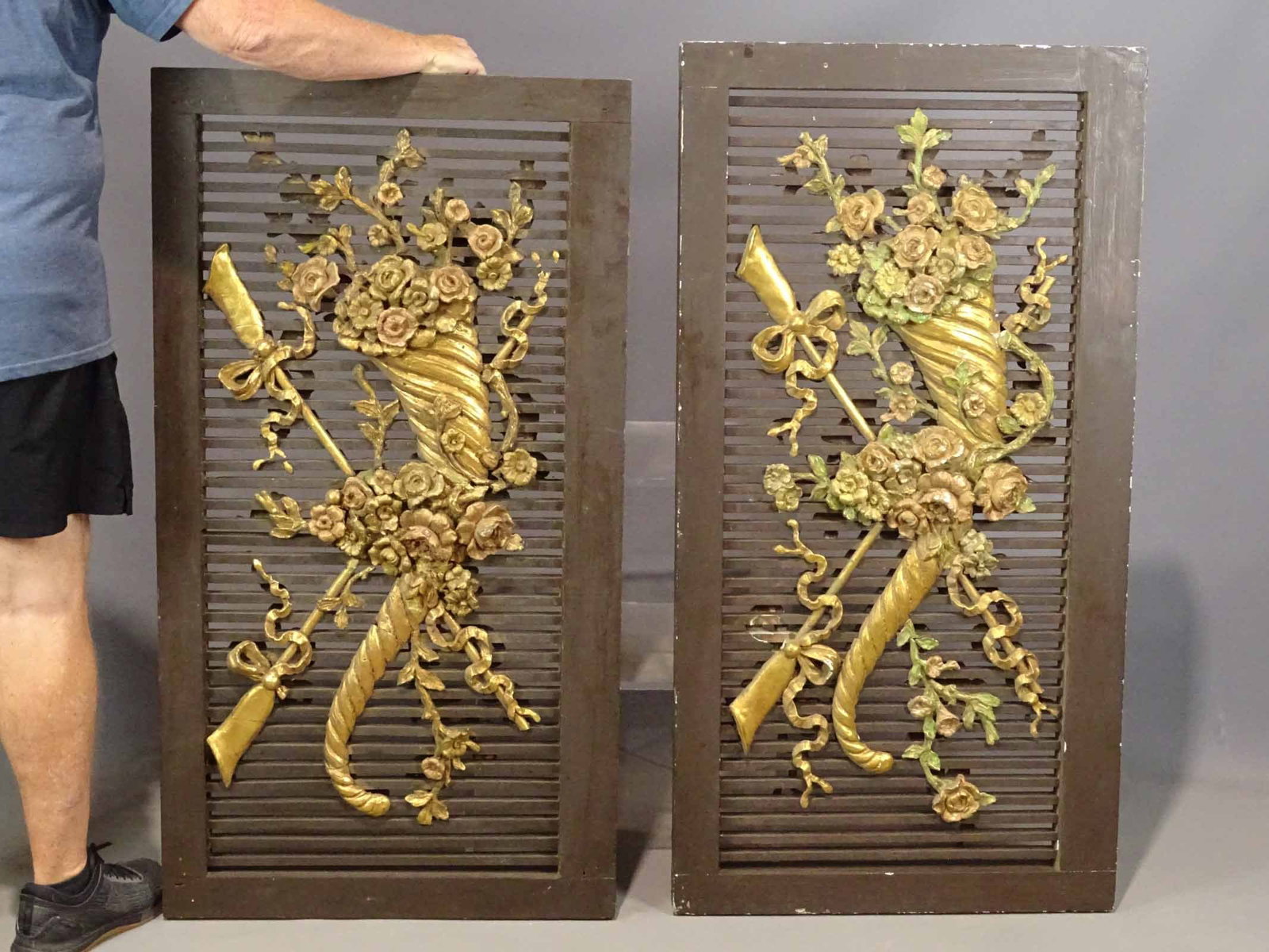 Pair Wood Carved Panels: Pair of wood and carved gesso panels. Double sided. 25" x 46 1/2". Losses.