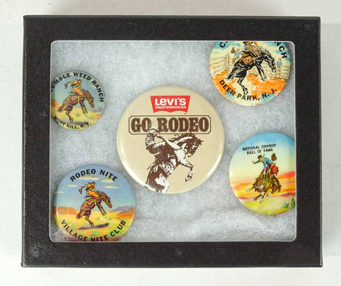 Vintage Rodeo Pinbacks: Lot (5) vintage Rodeo pinbacks. West Kill, N.Y., Deer Park N.J. etc.. Case included.
