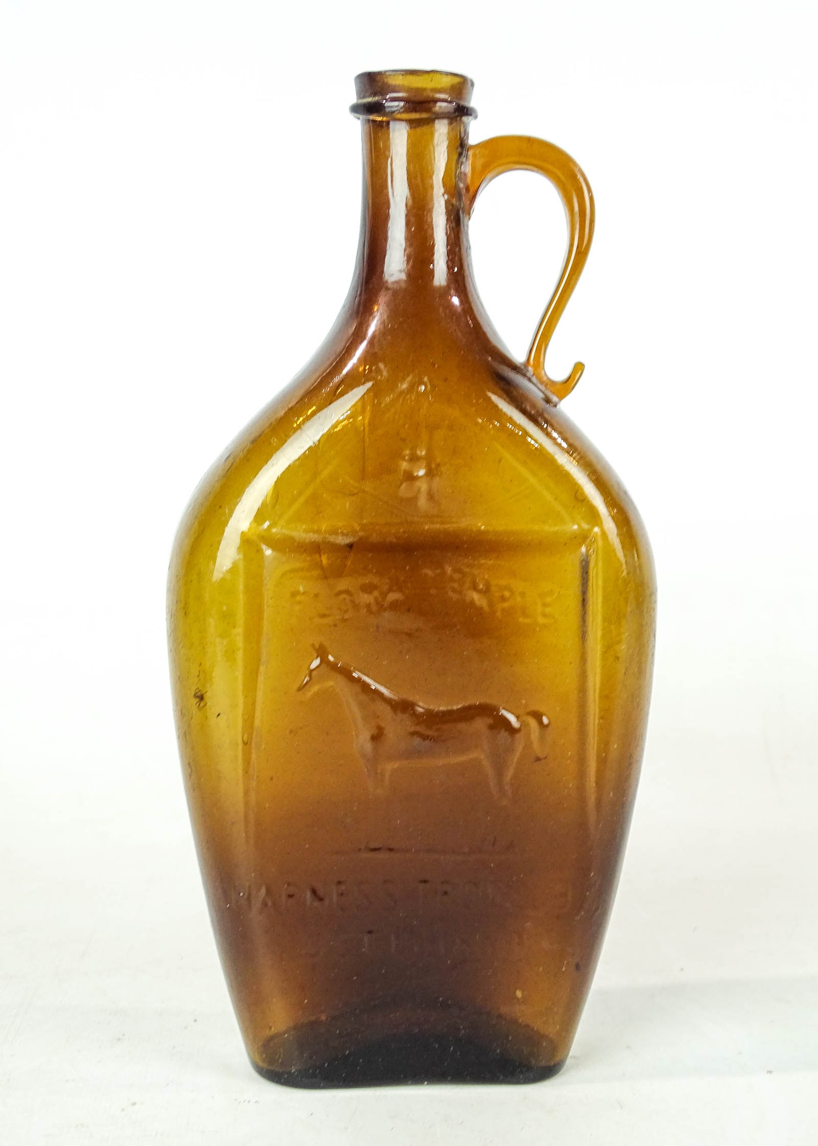19th c. Equestrian Bottle: 19th c. equestrian bottle "FLORAS TEMPLE" (date 1859). 10 1/2" Ht.. Handle re glued.