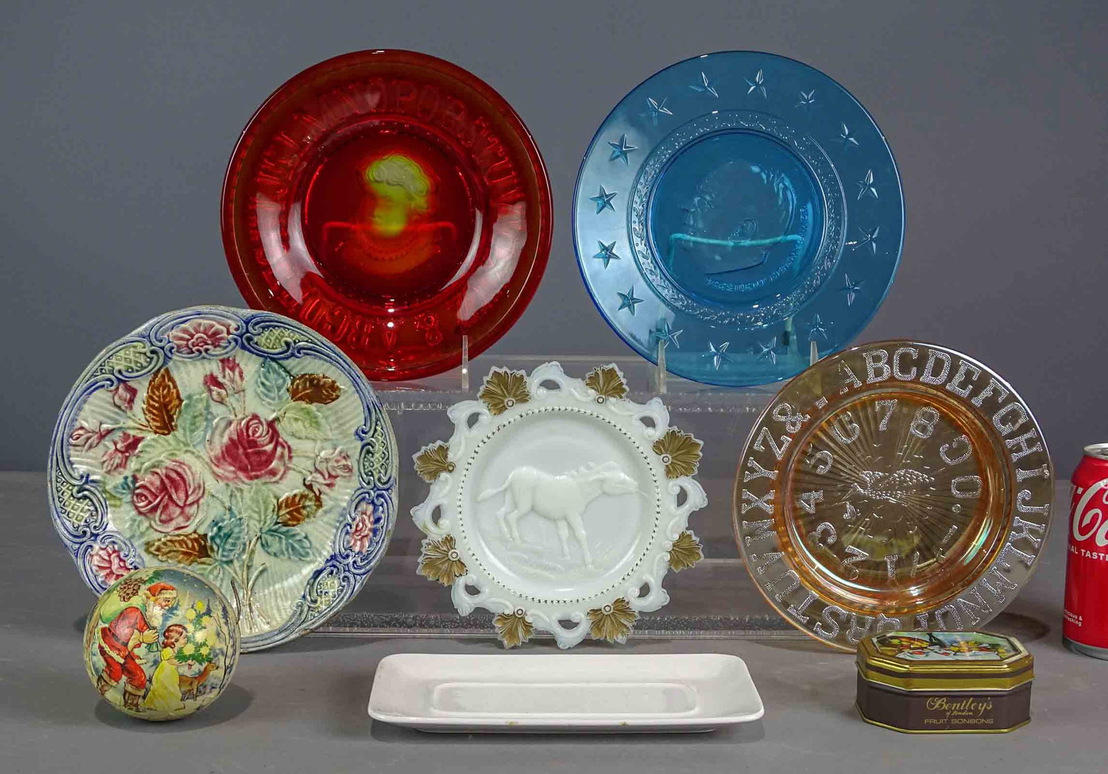 Misc. Lot: Lot including Majolica plate, ABC colored glass plates, Eisenhower plate, milk glass plate etc..