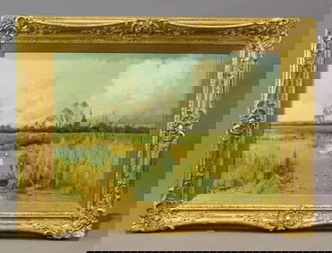 Painting: 19th c. Landscape with Swans