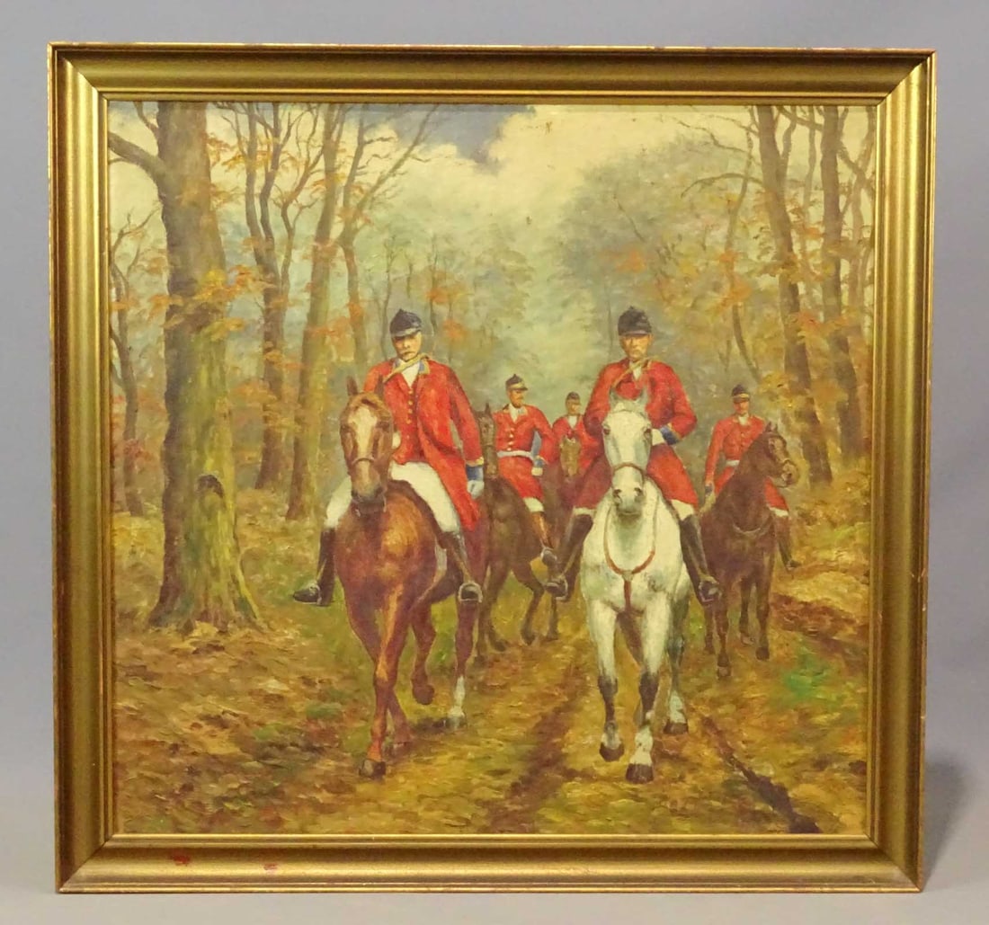 Painting: English School, Hunt Subject: Painting: English School, hunt subject, oil on canvas. 34 1/4" x 35 1/4", overall 38 3/4" x 39 1/2".