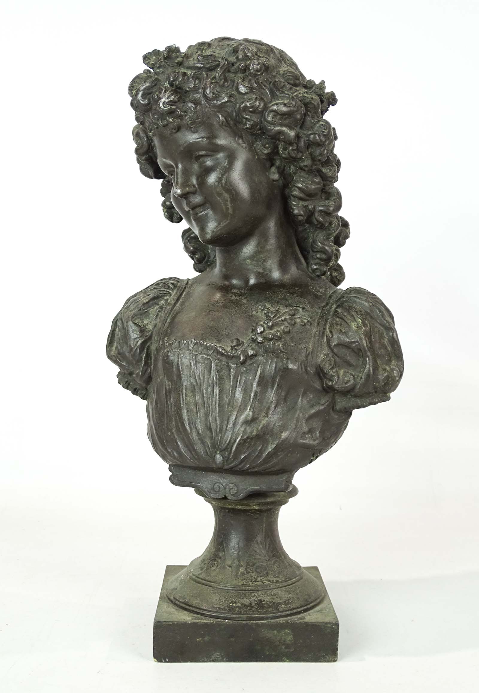 Hippolyte Francois Moreau (1832-1927): Hippolyte Francois Moreau (1832-1927), 19th c. cast metal bust of a woman. 14" Ht..