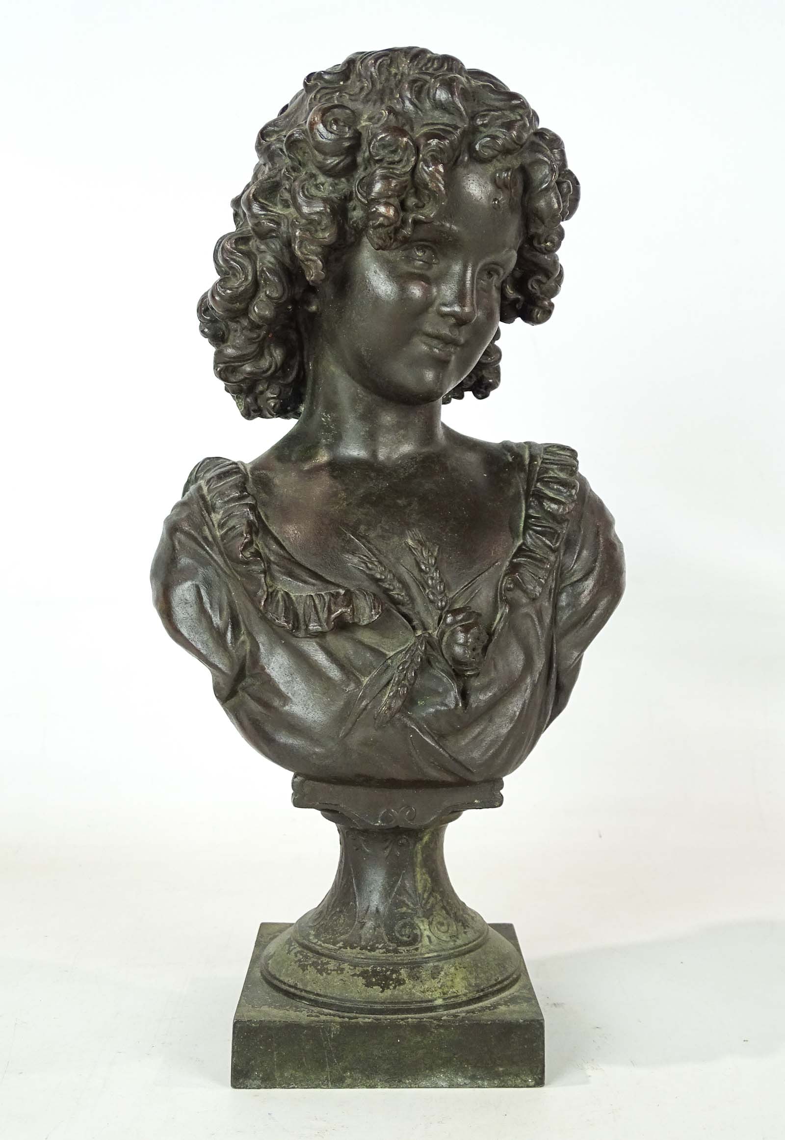 Hippolyte Francois Moreau (1832-1927): Hippolyte Francois Moreau (1832-1927), 19th c. cast metal bust of a woman. 14" Ht..