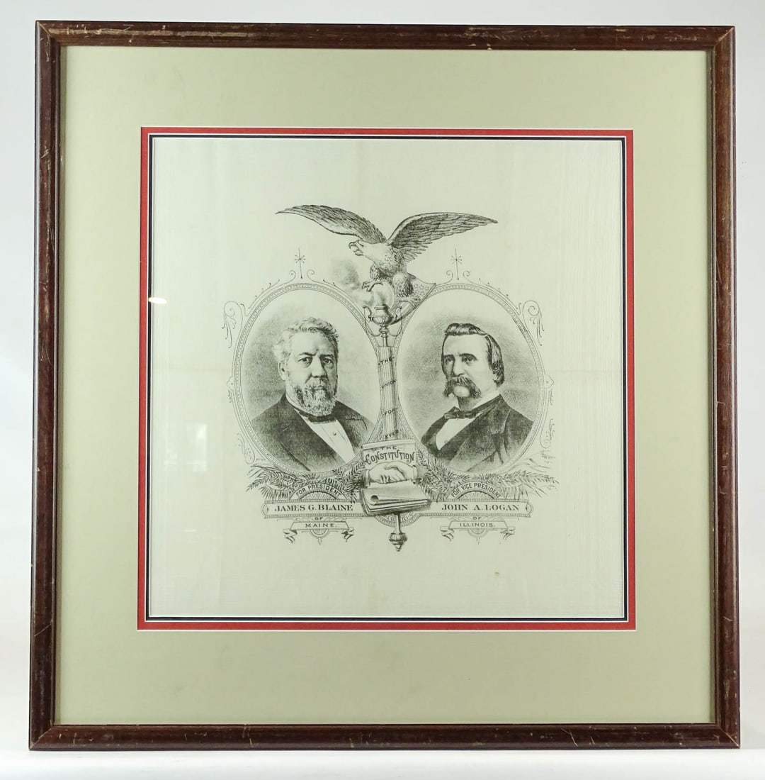 Blaine & Logan Campaign Bandanna: Original James Blaine & John A. Logan Campaign bandanna. Sight 17" x 16 1/2", overall 25 1/2" x 24 1/2".