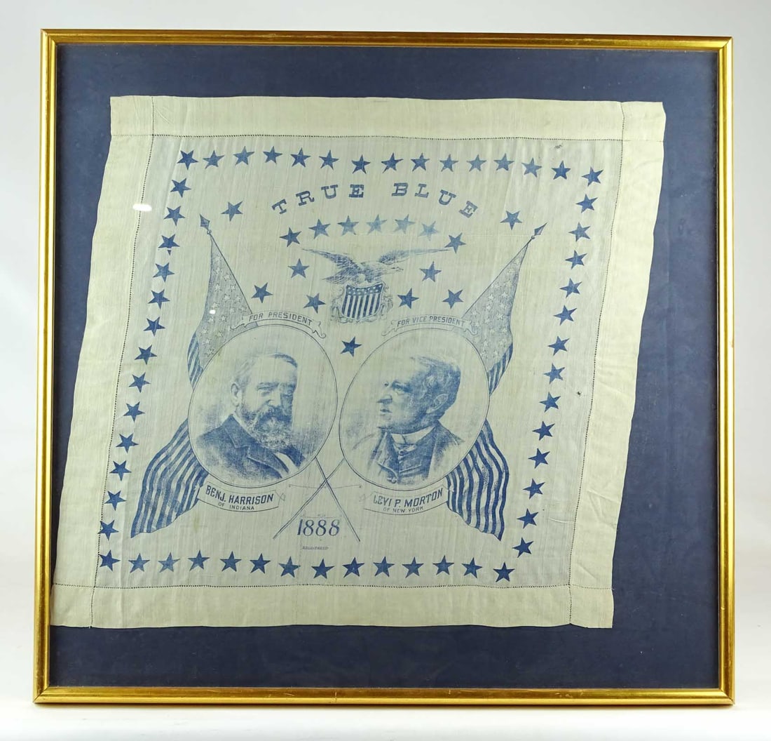 Harrison & Morton Bandanna: Original 1888 Benjamin Harrison & Levi P. Morton political bandanna. Sight 19" x 20", overall 24 1/2" x 25 1/2".