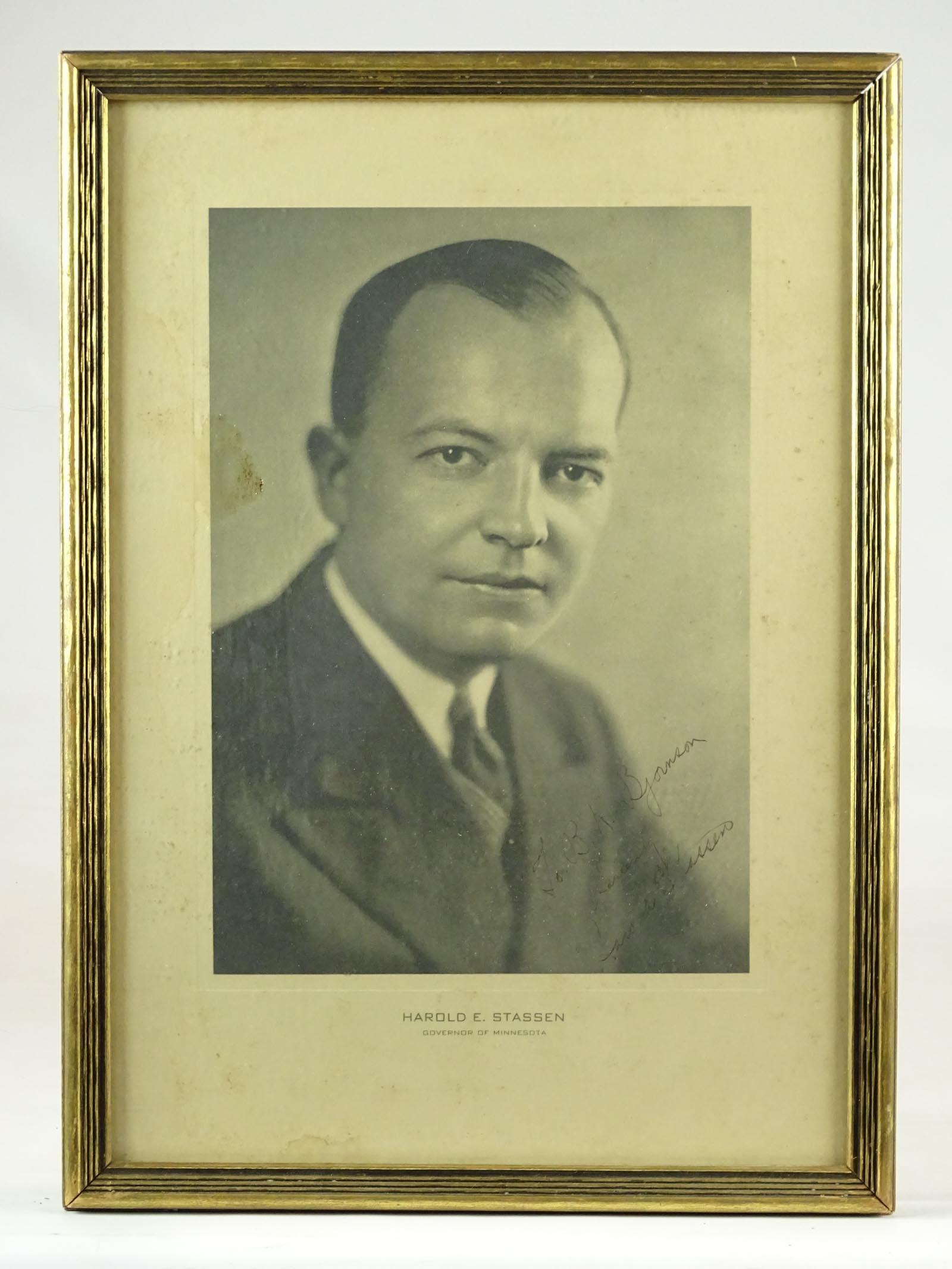 Harold Stassan Autographed Photo: Harraold Stassan autographed photo. Governor of Minnesota 1939-43.