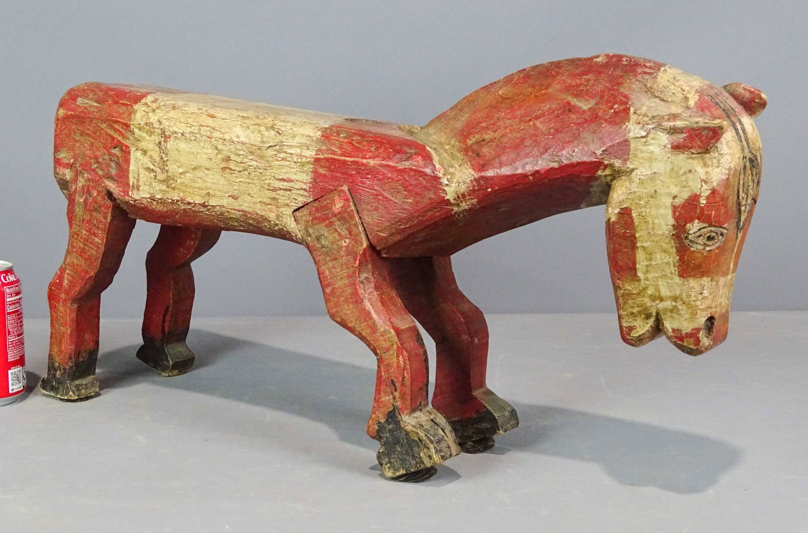 Folk Art Carved Horse: Folk art polychrome painted wooden horse ..23 1/2" L., 13" Ht., 5 1/2" W..