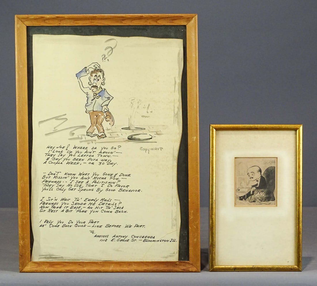 Artwork Lot: Lot including 19th c. framed print and original watercolor signed "ANXIOUS ANTONY CONCERNDA…" (overall in frame 17 1/2" x 12").