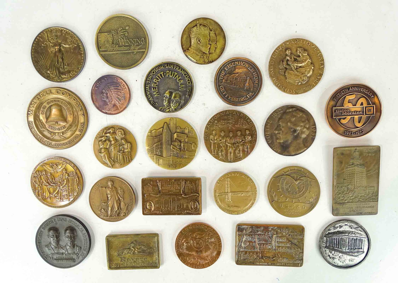 Medallions & Paperweights: Lot (24) medallions and paperweights including advertising, historical etc..