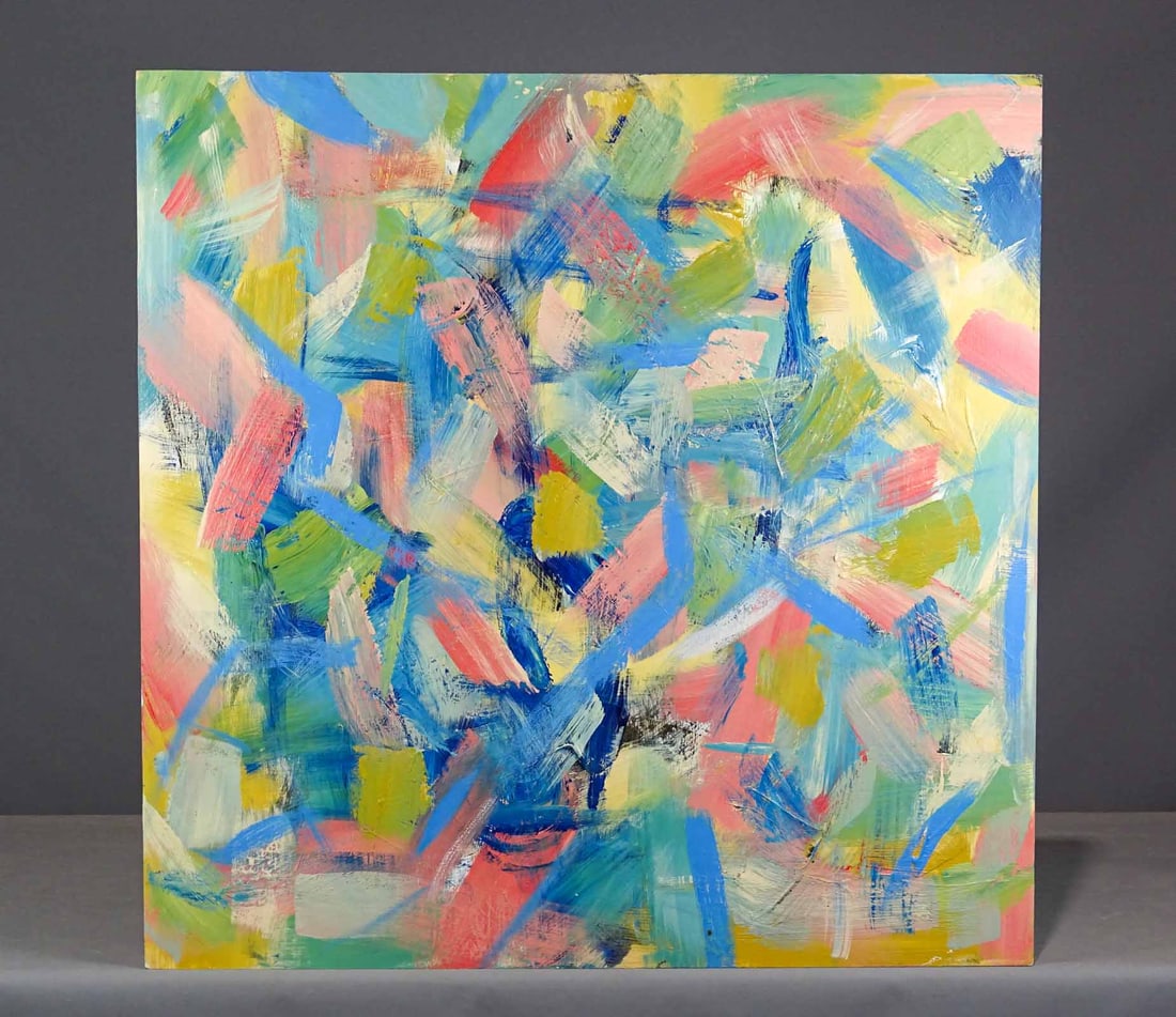 Abstract Modern Painting: Abstract Expressionist Modernist Painting on wood panel. Inscribed verso with dedication and signature. Overall 36" x 36 1/2".