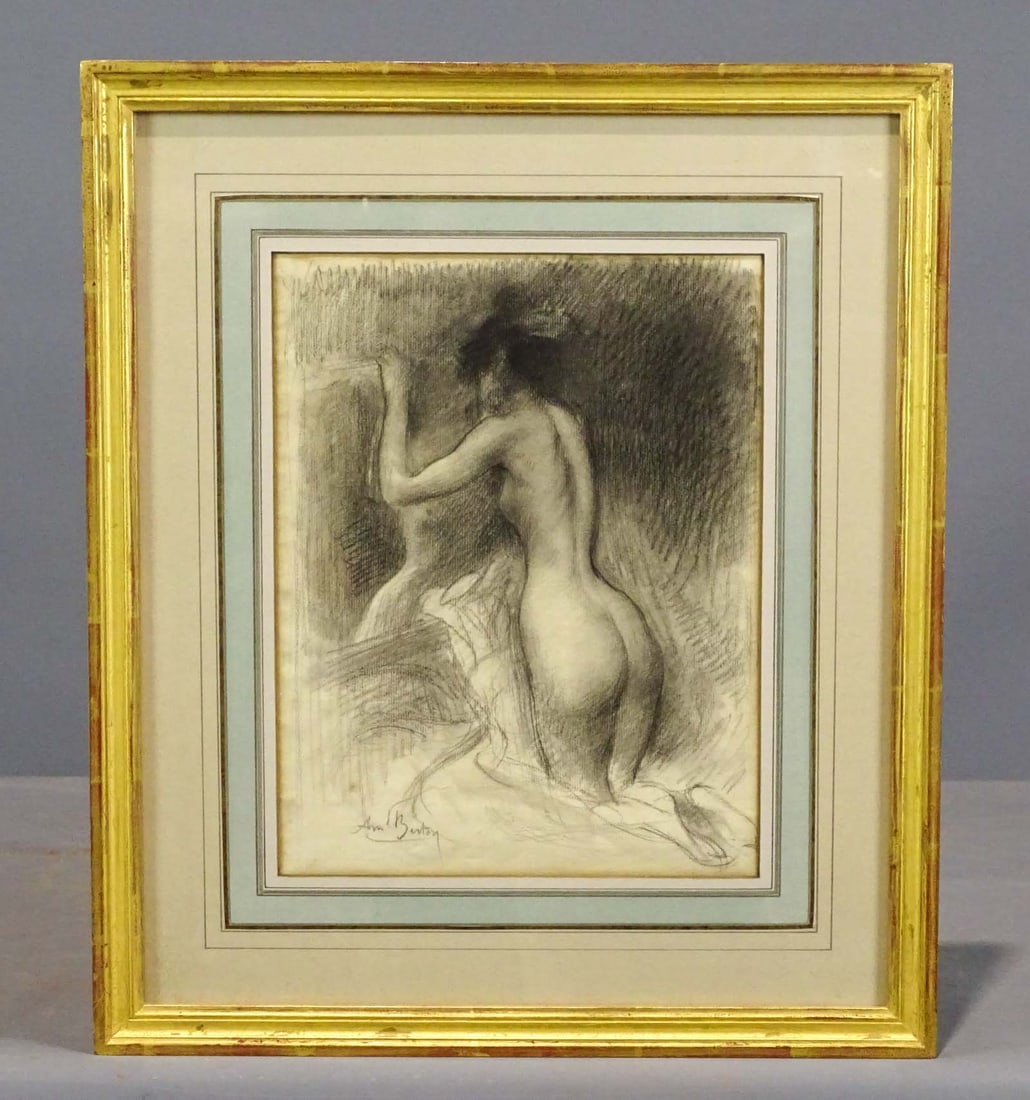 Old Master Female Nude Drawing: A fine drawing of a kneeling female nude, on laid paper. Signed lower left. French mat and gilt frame by APF. From a New York City estate. 12" x 9", overall 19" x 16".