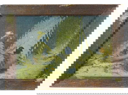 Couse American Indian Print: Print of a Native American making a painting on animal hide. Eanger Irving Couse (American, 1866-1936). Antique Chromolithograph. Sight 8 1/2" x 13", overall 11 1/2" x 16".