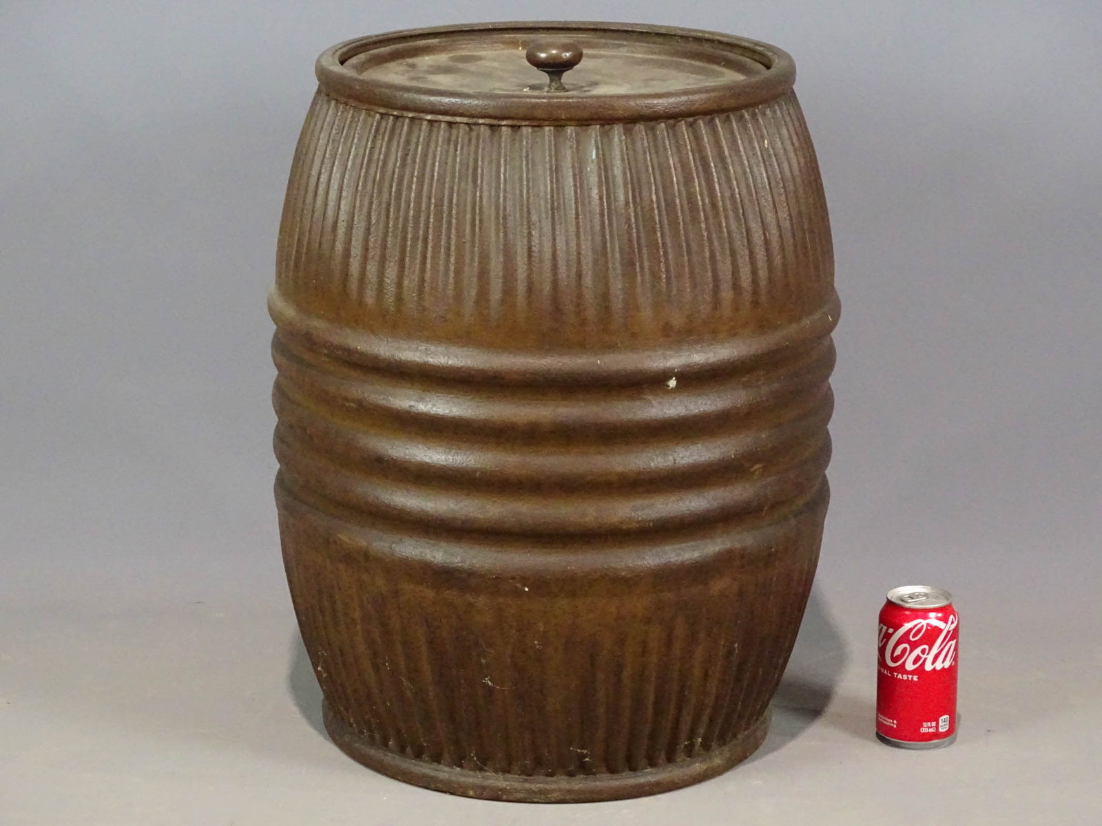 Metal Barrel with Lid: Metal barrel with lid. 15" D., 23" Ht..