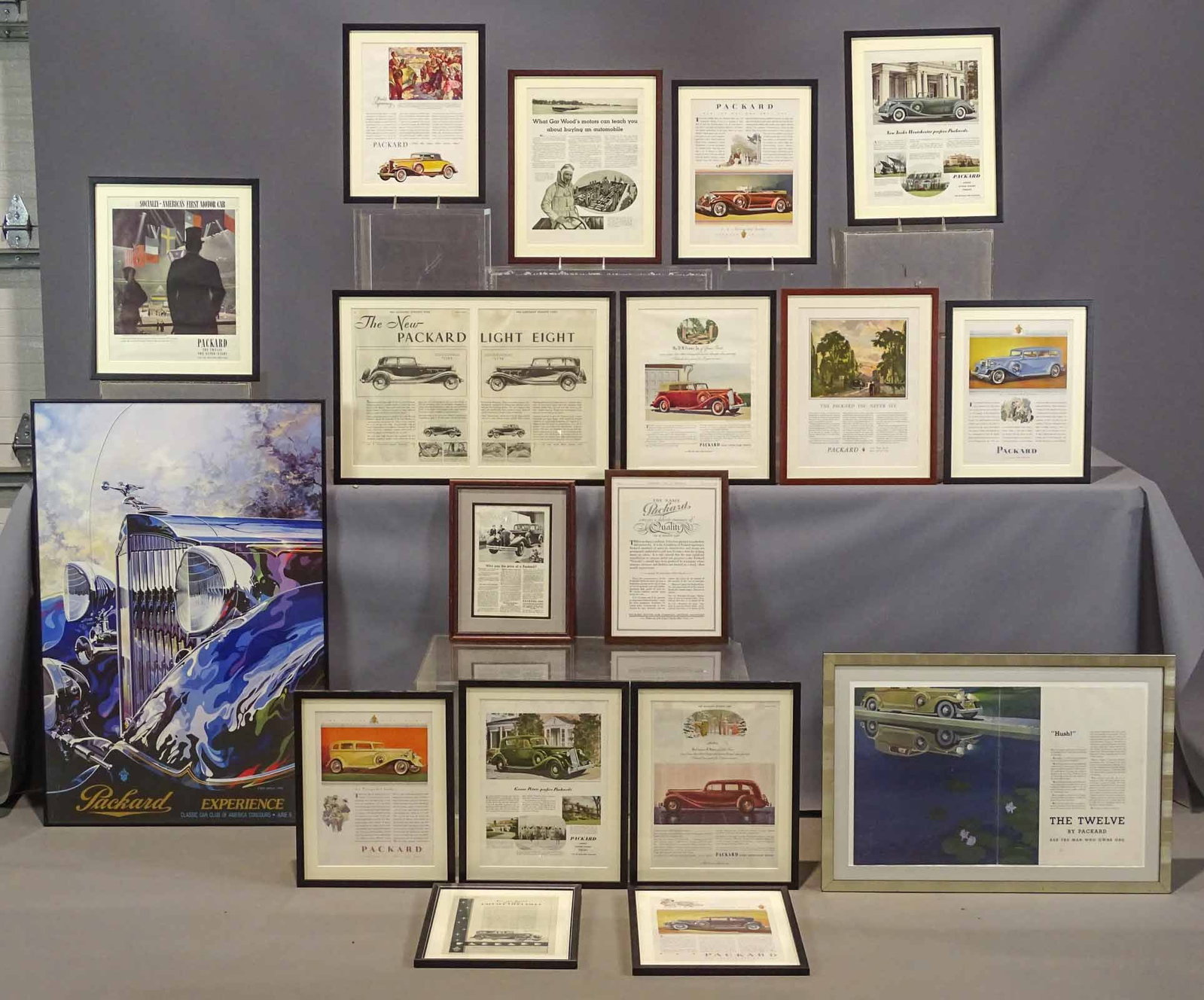 (17) Packard Automobile Advertising "Tear Outs": Collection of 17 framed period Packard automobile advertising "tear outs". Largest 18 3/4 x 27" frame. One glass cracked. Provenance: The Edward Herrmann Estate, Salisbury Connecticut.