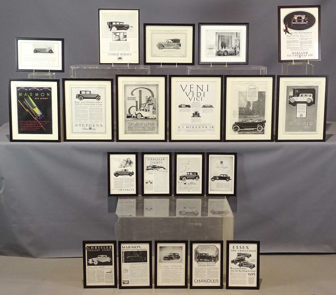 (20) Period Car Advertising "Tear Outs": Collection of 20 framed period car advertising "tear outs" including: Marmon; Fisher Body; Aston Martin; Maybach Zepplin; Franklin; Chrysler, Wills; Reo; Hudson; Chandler; Essex; Locomobile; Oakland; 