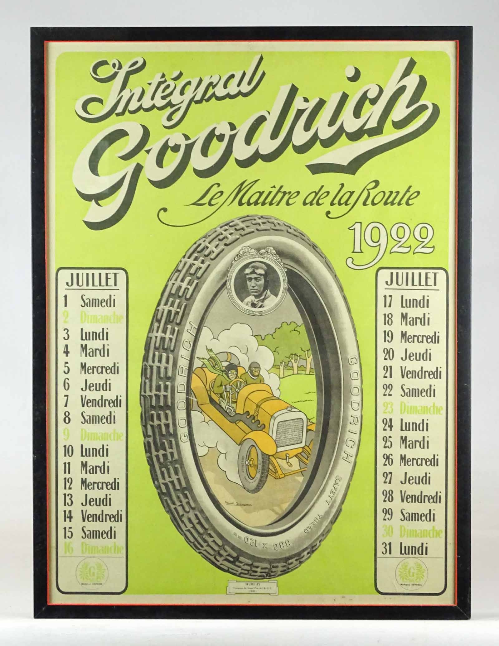 1922 Goodrich Tire Grand Prix Poster: 1922 Goodrich tire racing Grand Prix poster. Frame 29 1/2" x 22". Provenance: The Edward Herrmann Estate, Salisbury Connecticut.