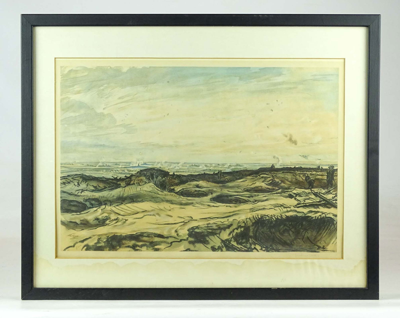 WWI Lithograph: WWI Lithograph "The Flight For... ?", signed "Bone" Muirhead Bone 1876-1953 English. Sight 12" x 17 1/2", frame 17 1/4" x 21 1/2", stained mat. Provenance: The Edward Herrmann Estate, Salisbury Connec