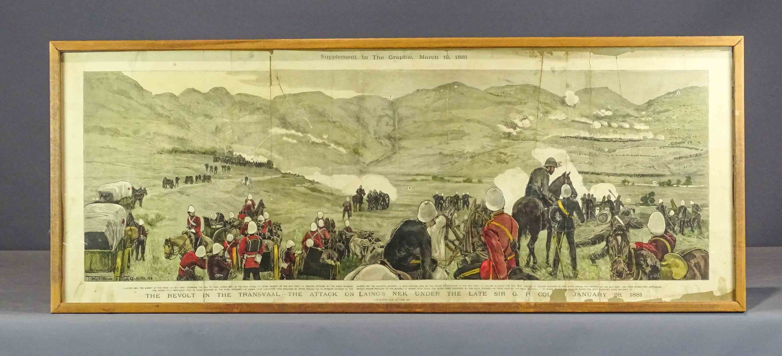 1881 Print: 1881 Print (removed from book) "The Revolt in the Tranvall...", supplement to "The Graphic", March 19, 1881. As found. Sight 16" x 42 1/2", frame 17 1/2" x 44". Provenance: The Edward Herrmann Estate,