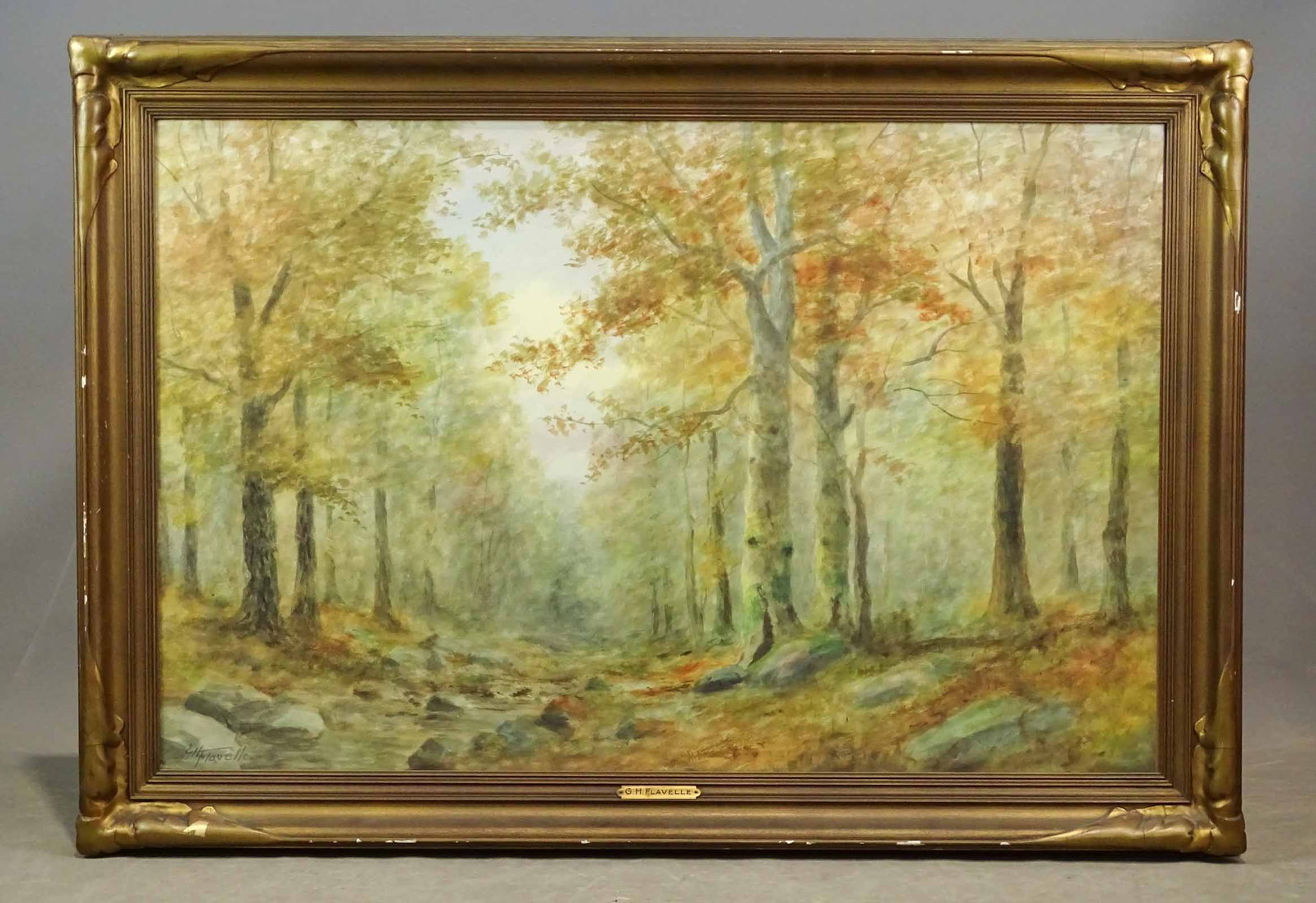 GH Flavelle (1868-1945): GH Flavelle (1868-1945), landscape, watercolor. Signed LLC. Sight 23" x 35 1/2", overall 29" x 41".