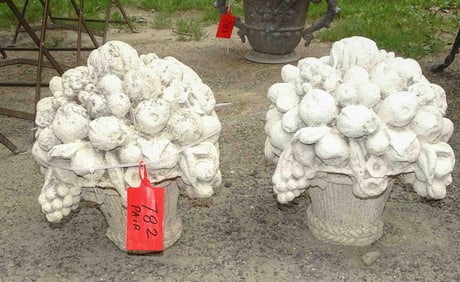 Pair Cast Stone Baskets of Fruit