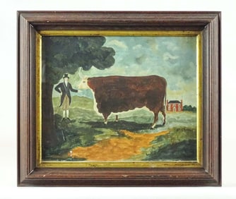 Folk Art Watercolor of a Man and Bull